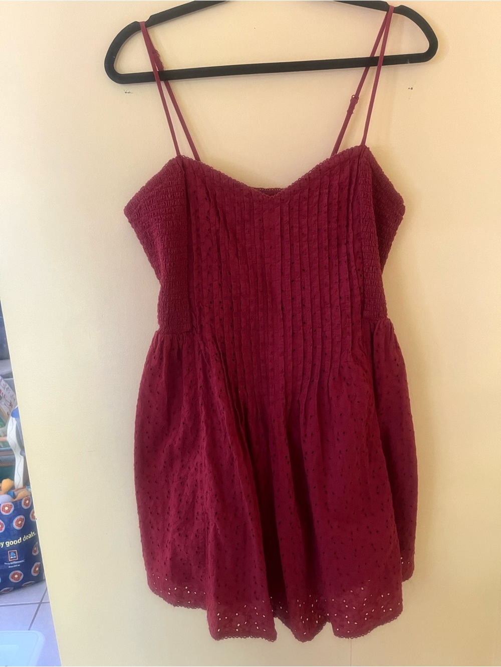 American Eagle 100% cotton Red Eyelet A-Line Sundress with Smocked Bodice